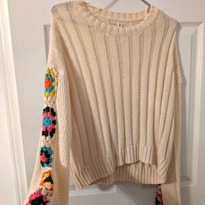 Embroidered Crochet Floral Cropped Sweater